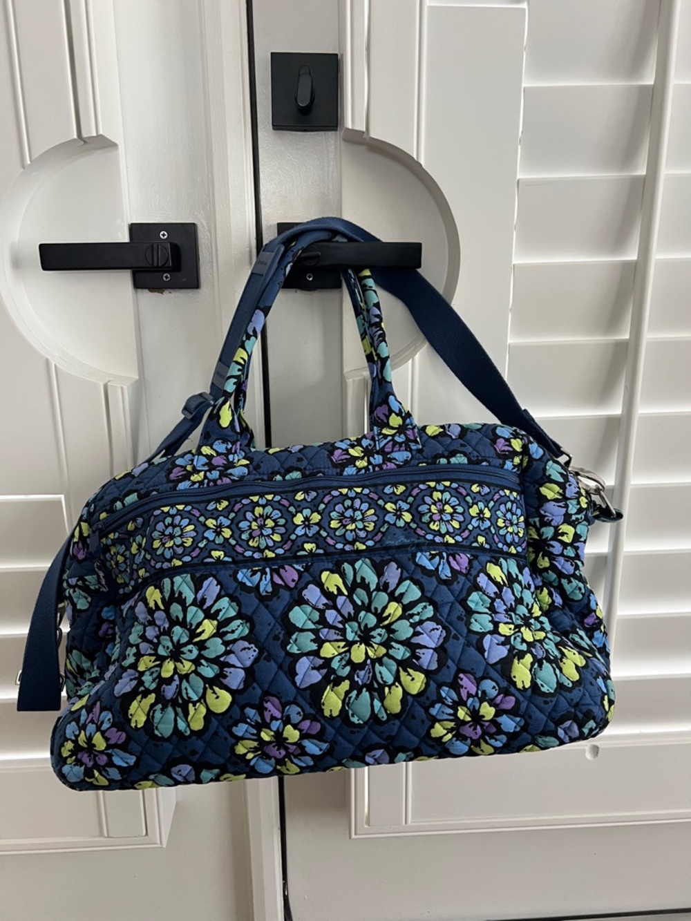 Vera Bradley Navy Quilted Travel Bag with Blue and Lime Floral Medallions